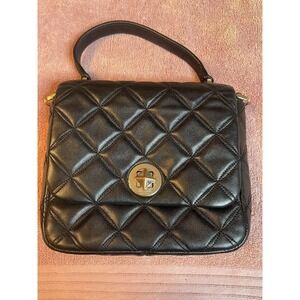 Vintage Kate Spade Quilted‎ Black Leather Top Handle Bag Turnlock Logo Purse